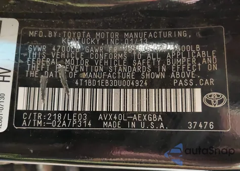 2013 Toyota Avalon Hybrid Xle Touring from USA, damaged, VIN 4T1BD1EB3DU004924